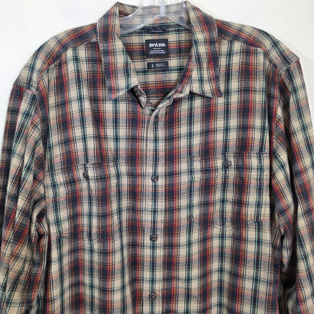 Prana Mens Shirt Organic Cotton Plaid Flannel Button Down Standard Fit Large L - Picture 4 of 9